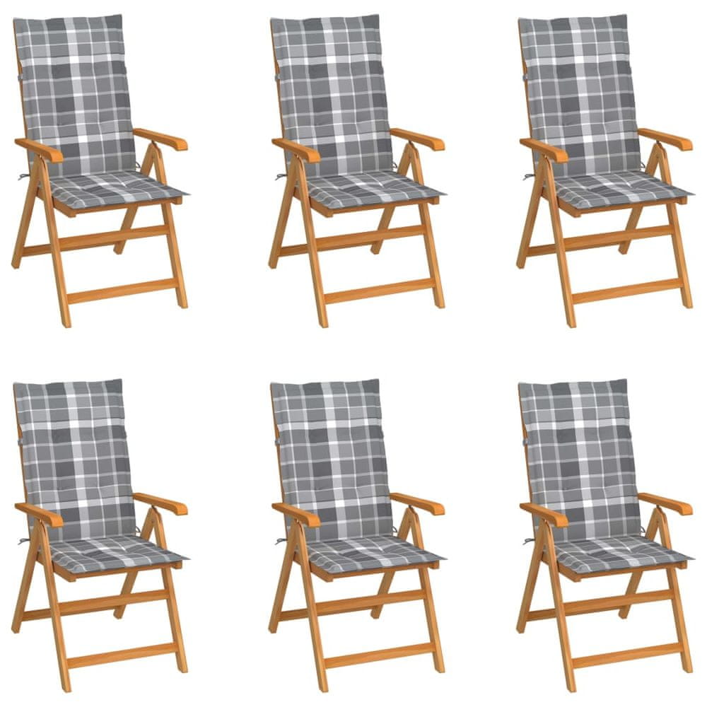 Vidaxl Záhradné stoličky 6 ks, sivé kockované podložky, tíkový masív